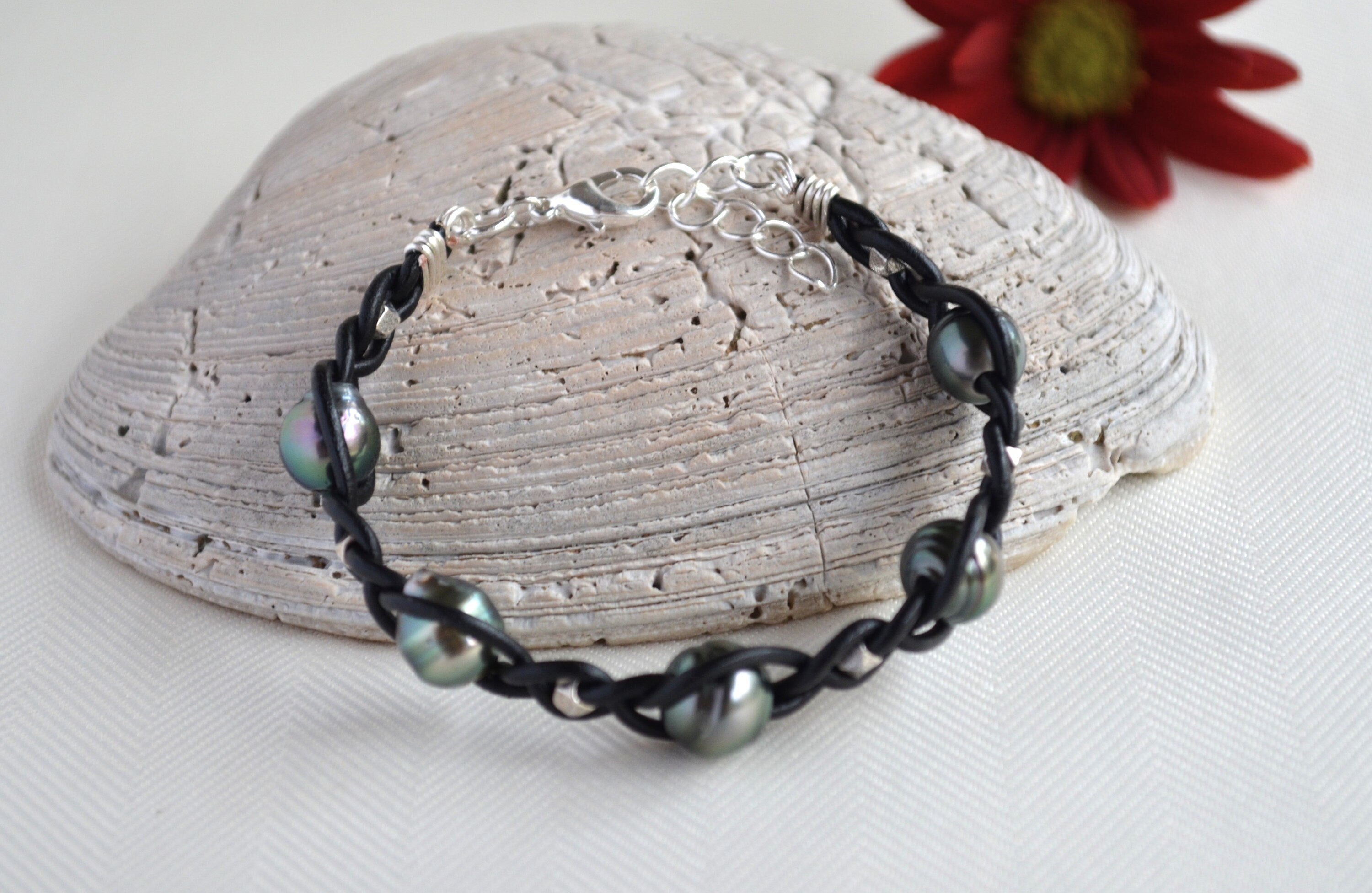 Tahitian Pearl Bracelet: Black Leather Boho Cuff
