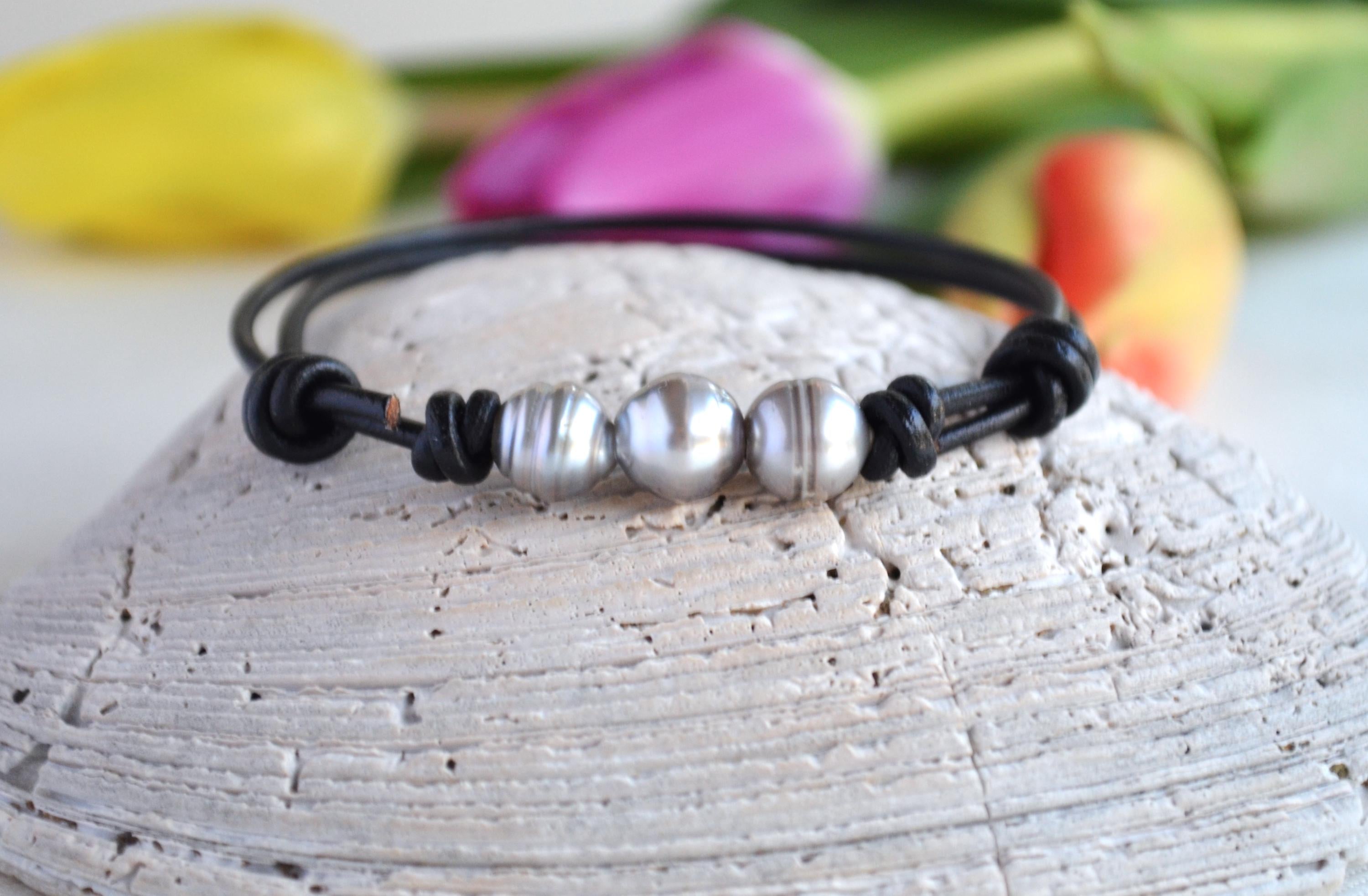 Tahitian Pearl Bracelet: Three Silver Pearls on Black Leather, Adjustable