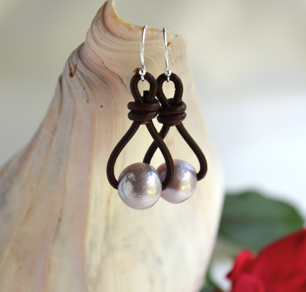 Edison Pink Pearl Earrings: Sterling Silver & Brown or Black Greek Leather Boho Dangle