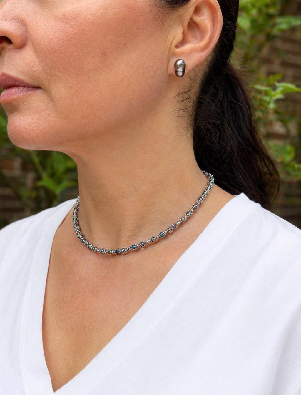Boho Macrame Beaded Choker Necklace Handwoven Czech Glass Beads Grey S-Lon Thread Minimalist Handmade Necklace 16” + 2” Extender
