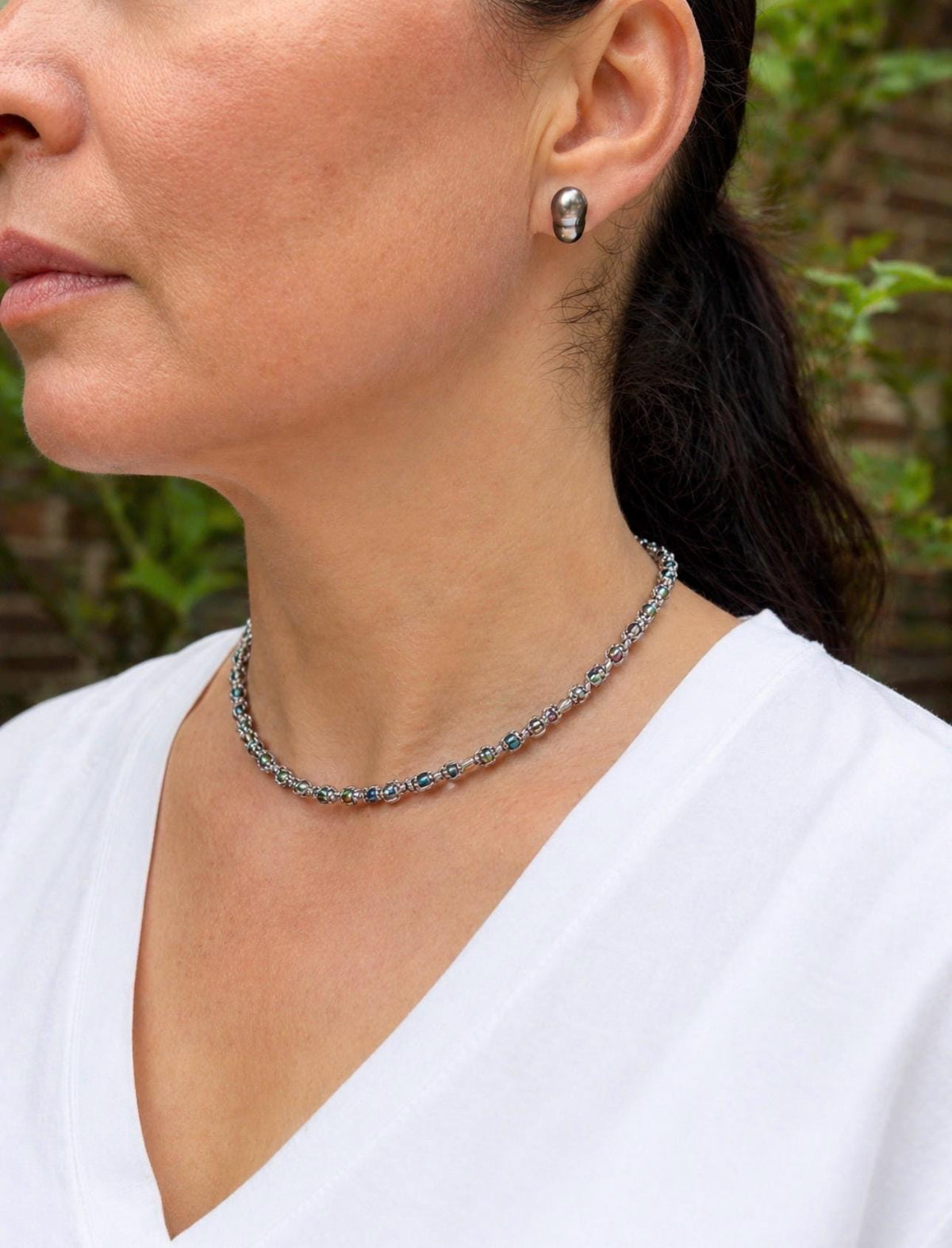 Boho Macrame Beaded Choker Necklace Handwoven Czech Glass Beads Grey S-Lon Thread Minimalist Handmade Necklace 16” + 2” Extender