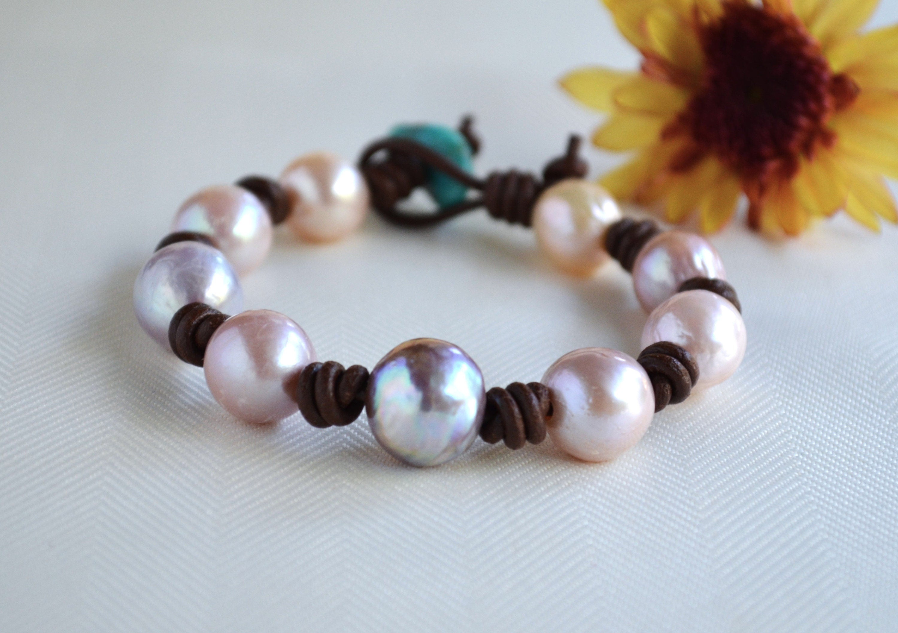Edison Pearl Bracelet: Light Mauve Pink, Greek Leather