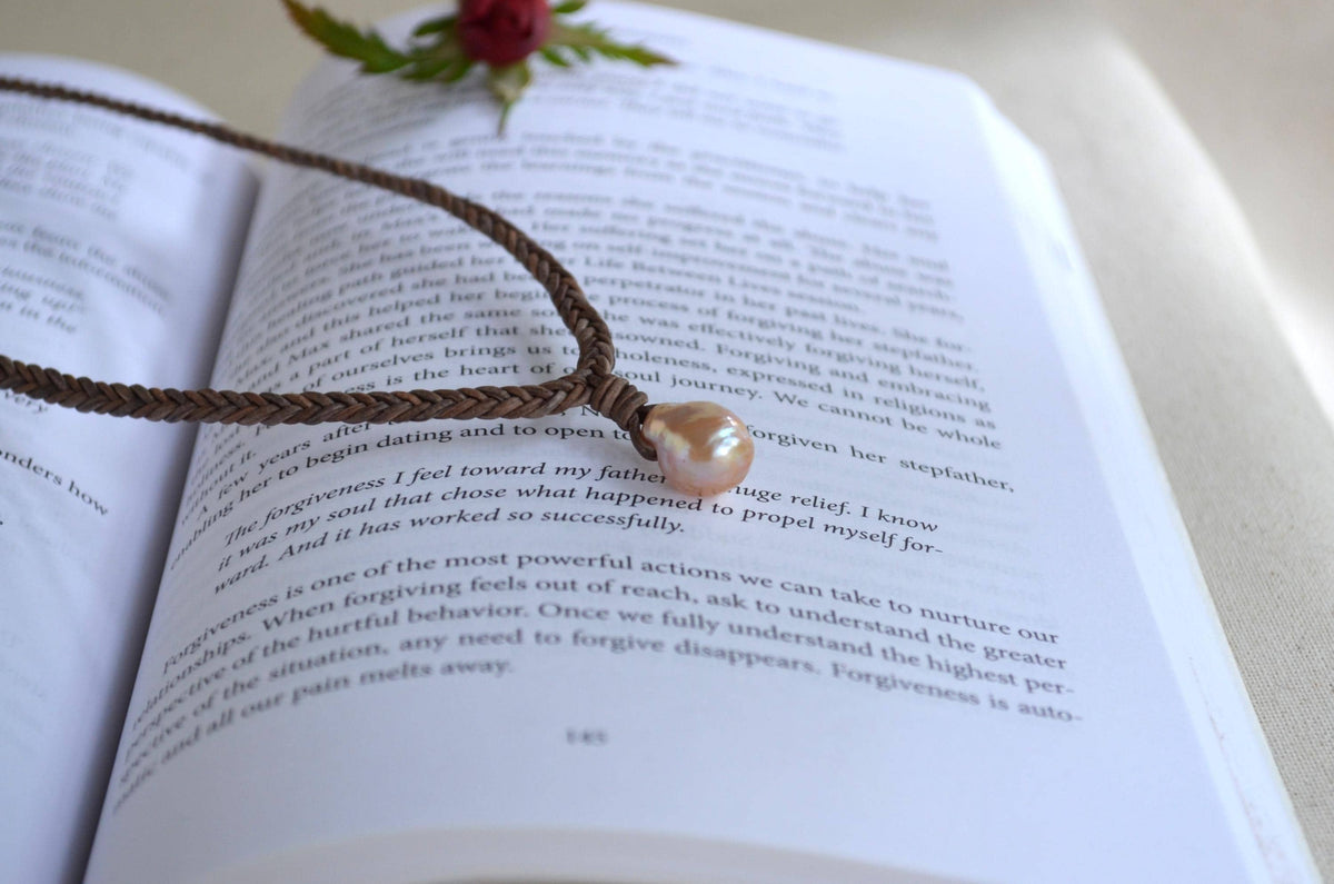 Baroque Edison Pearl Necklace on Braided Leather, Pink Pearl Pendant 12x15 mm, Organic Shape, Minimalist Statement, 16” + Extender