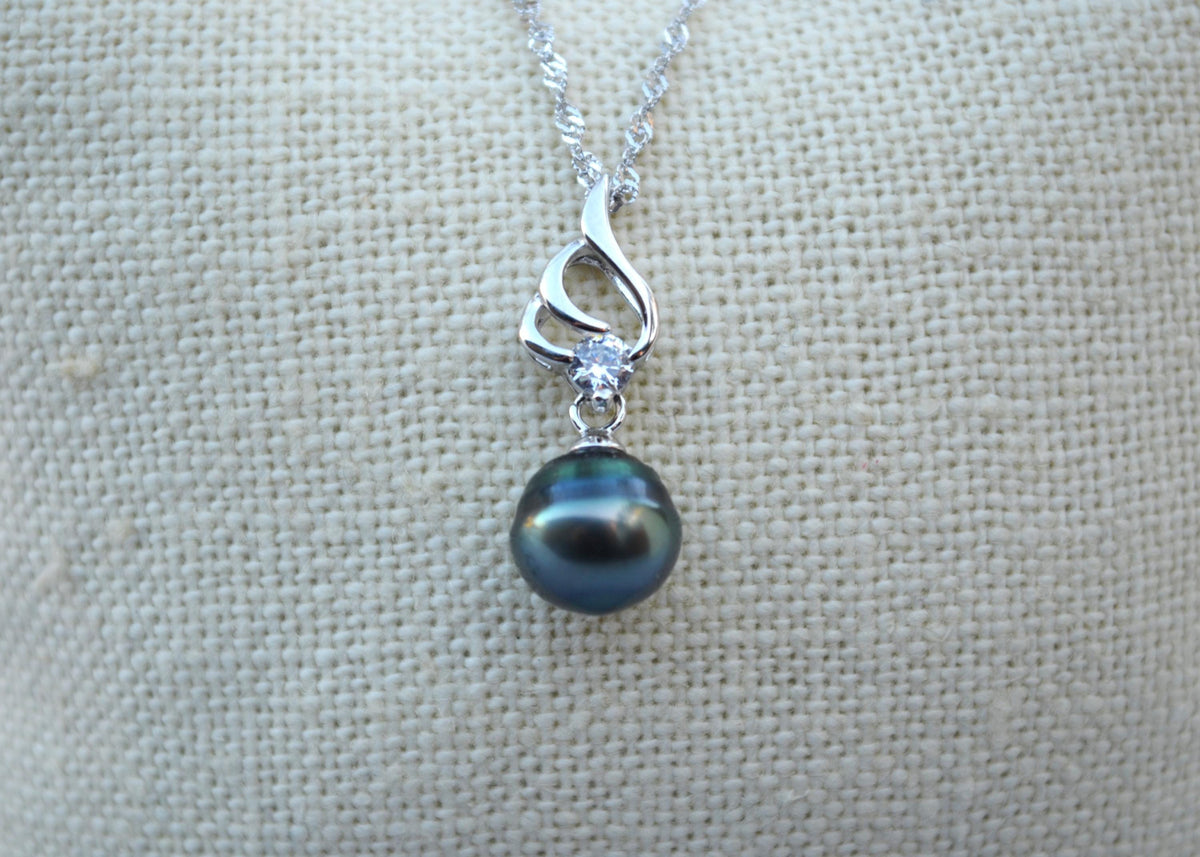 Tahitian Pearl Necklace: Sterling Silver Pendant, Cubic Zirconia Accent