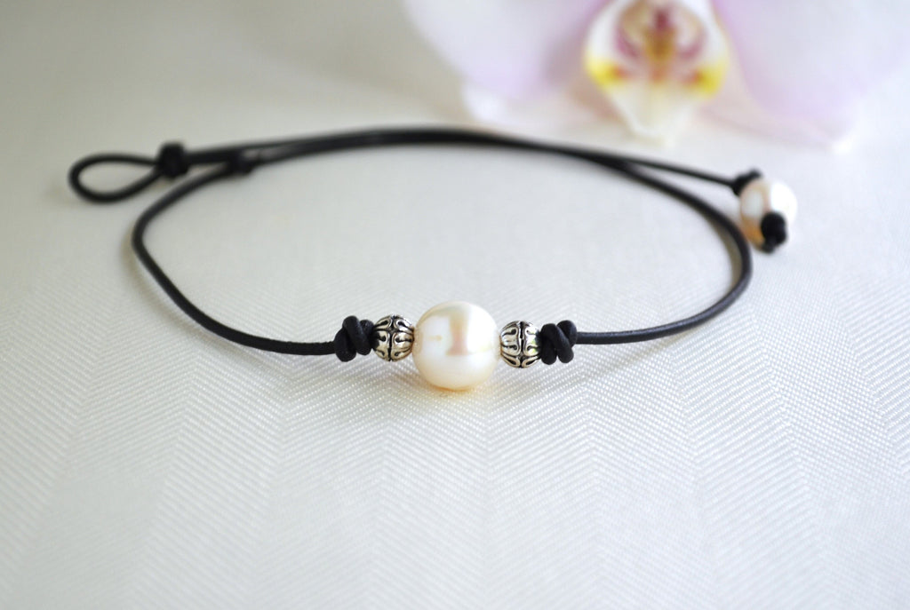 Large Pearl Leather Choker: Silver Plated Beads, Boho Jewelry