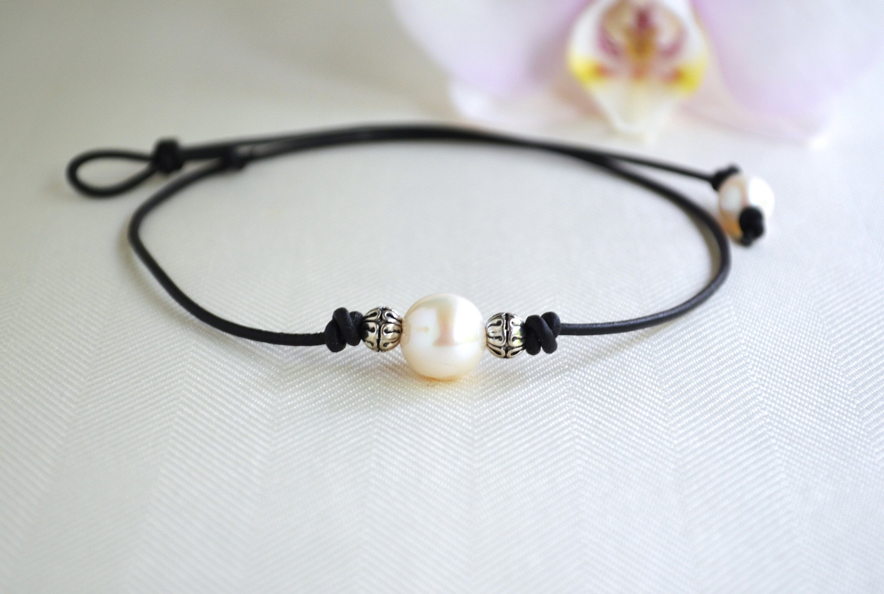 Large Pearl Leather Choker: Silver Plated Beads, Boho Jewelry