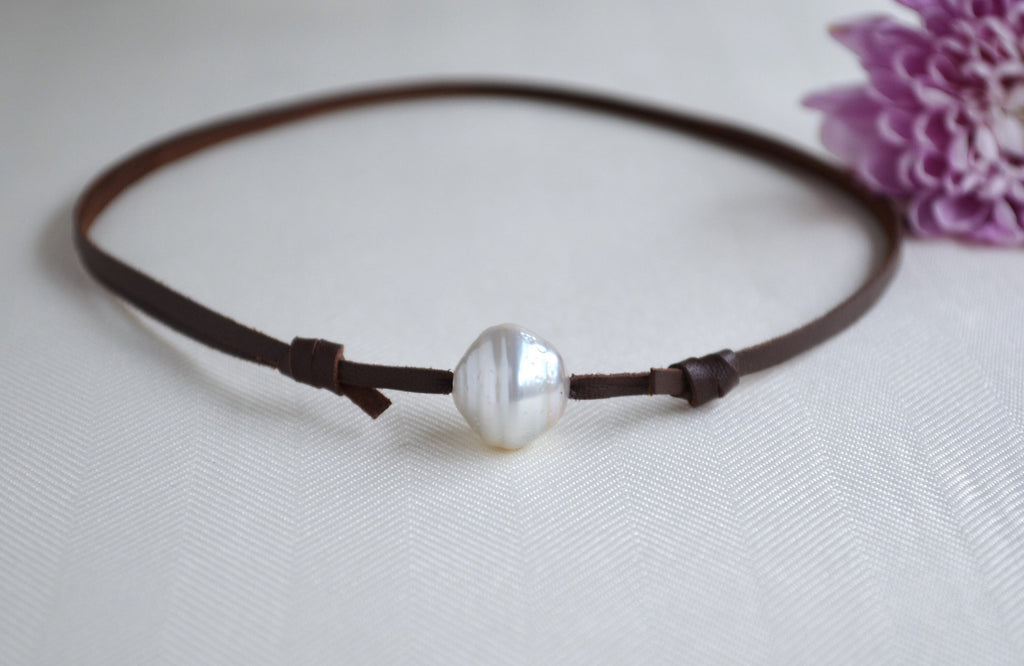 Rare White Tahitian Pearl Choker: Brown Leather Surf Jewelry UNISEX