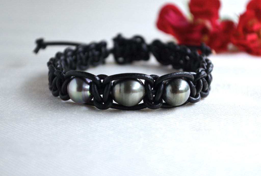 Three Tahitian Pearl Braided Greek Leather Bracelet