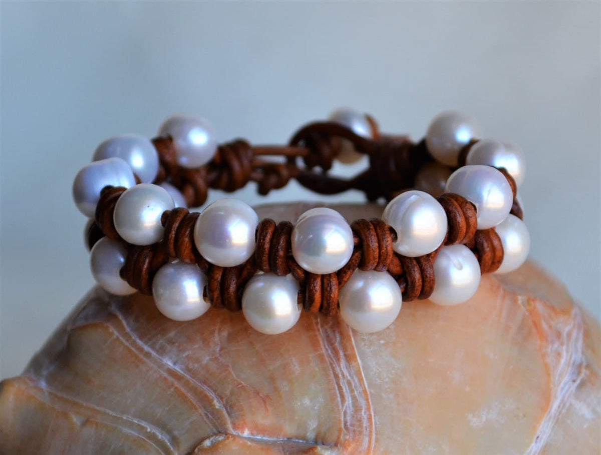Knotted Pearl Leather Bracelet: Boho Freshwater Pearl Cuff