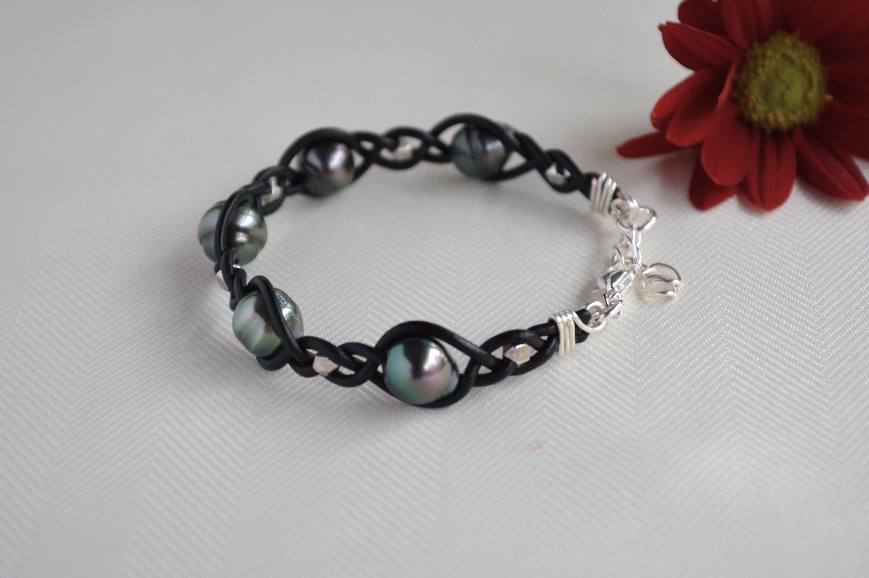 Tahitian Pearl Bracelet: Black Leather Boho Cuff