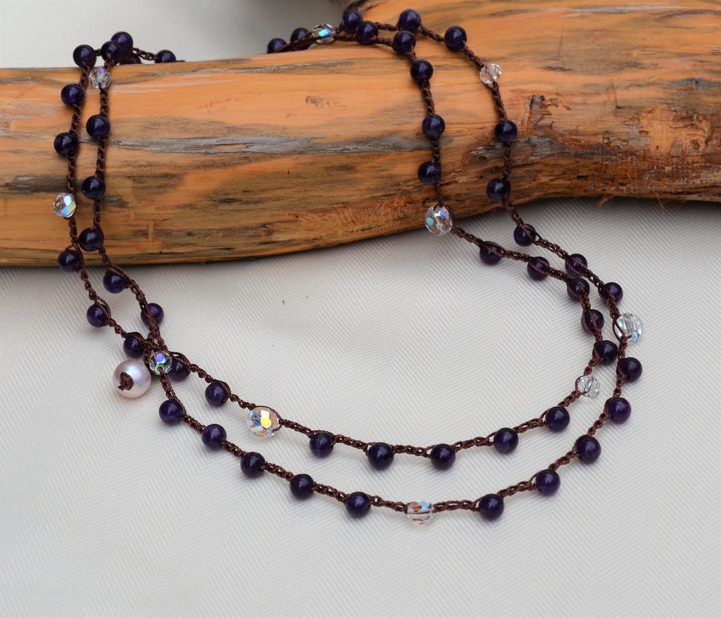 Long Amethyst Crochet Lariat Necklace: Layered Gemstone Jewelry