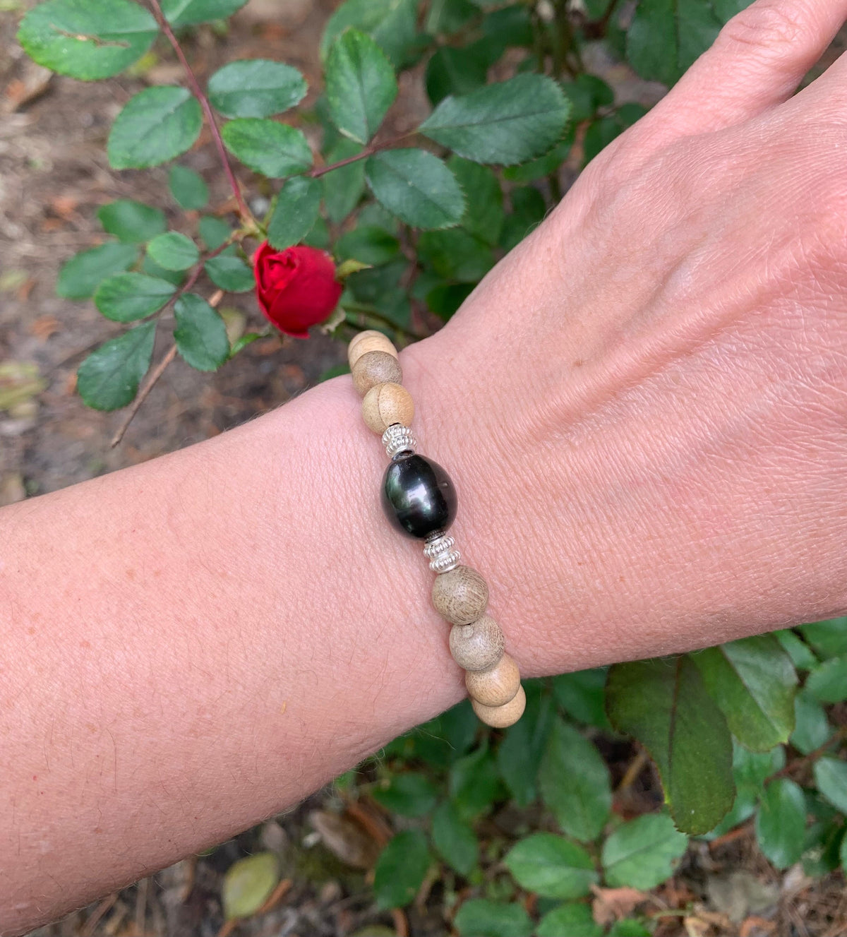 Large Tahitian Pearl Bracelet: Sandalwood Beads, Sterling Silver, Greek Leather