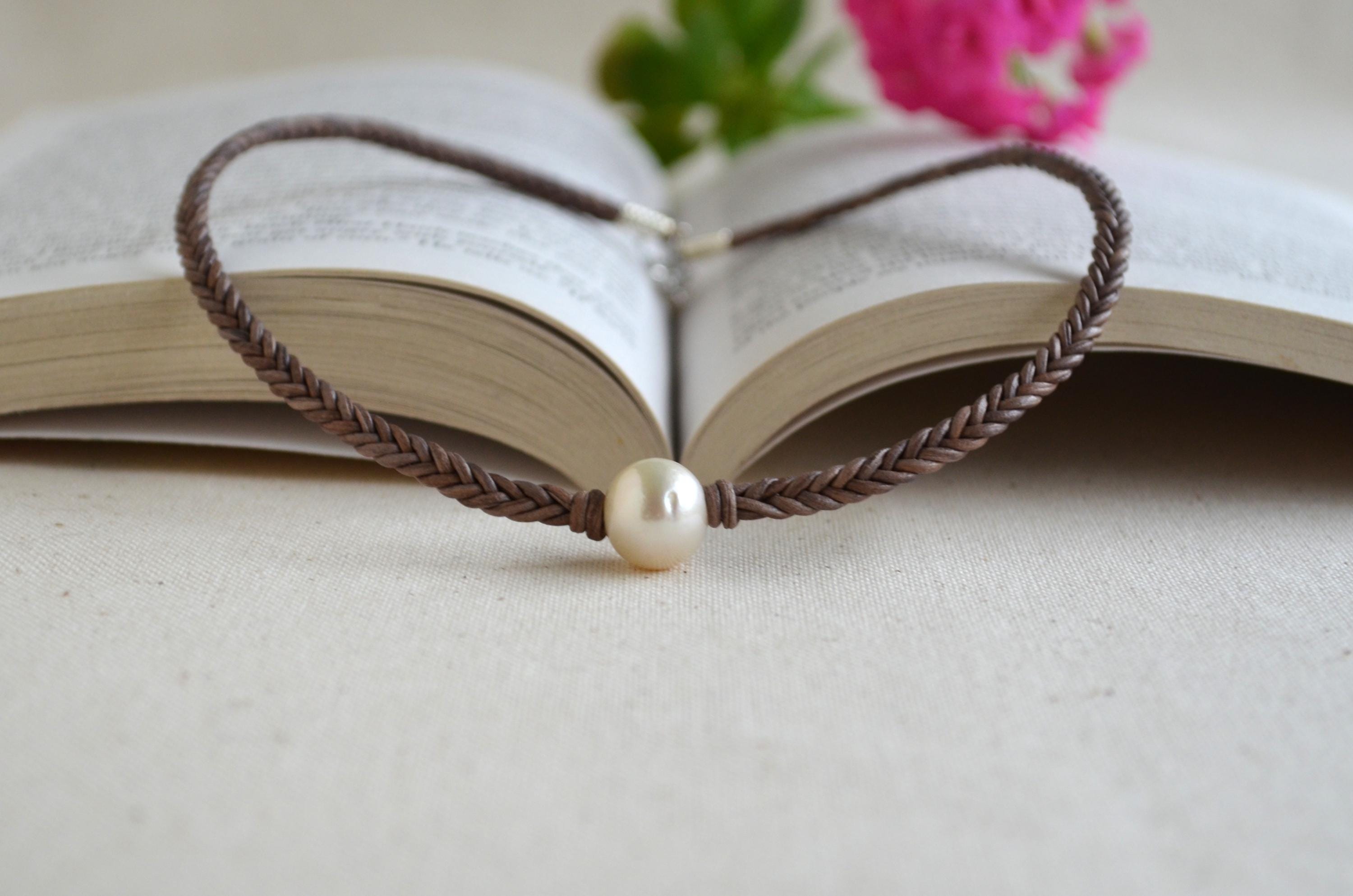 White Edison Pearl Necklace on Braided Leather | 12–13 mm Large Pearl