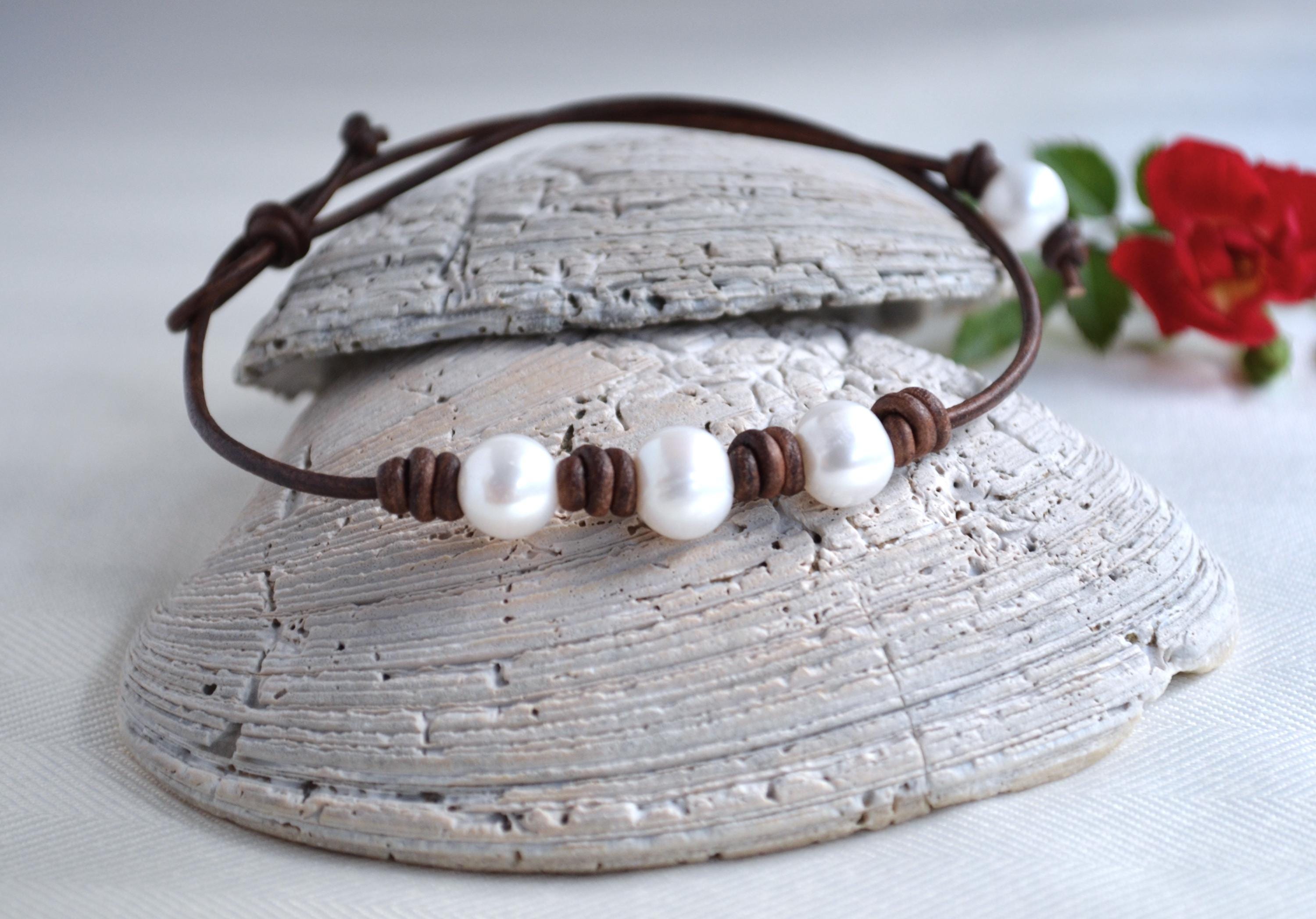 Freshwater Pearl Leather Choker: Three Wishes Necklace