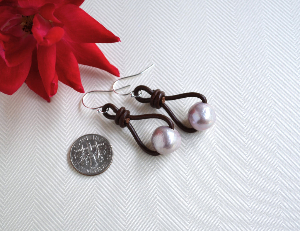 Edison Pink Pearl Earrings: Sterling Silver & Brown or Black Greek Leather Boho Dangle