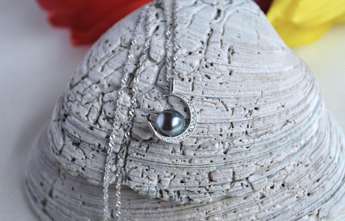 Tahitian Pearl Necklace: Sterling Silver Crescent Moon Pendant, CZ Accents