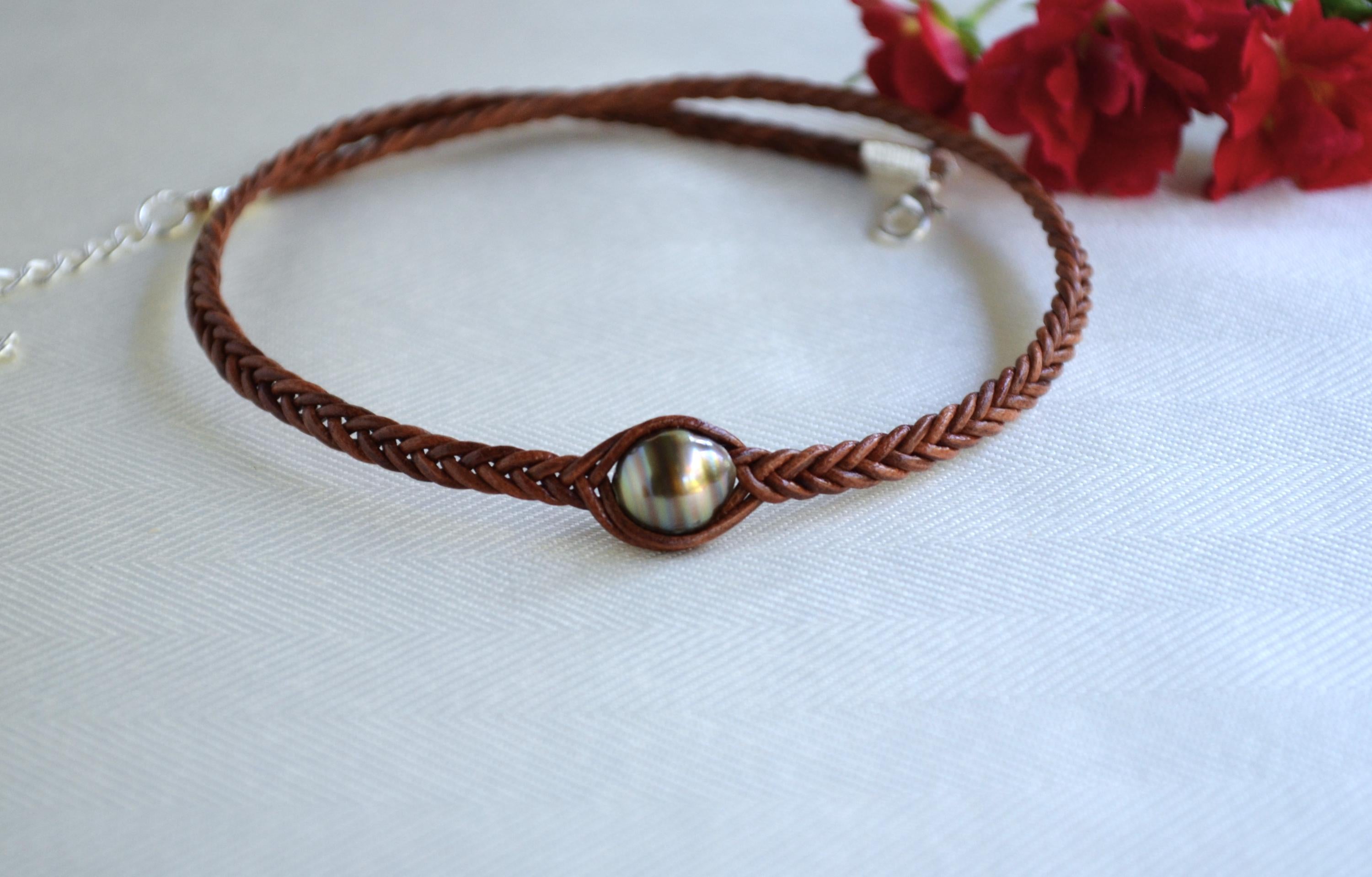 Chocolate Tahitian Pearl Choker: Braided Leather Necklace