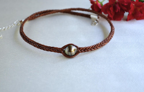Chocolate Tahitian Pearl Choker: Braided Leather Necklace