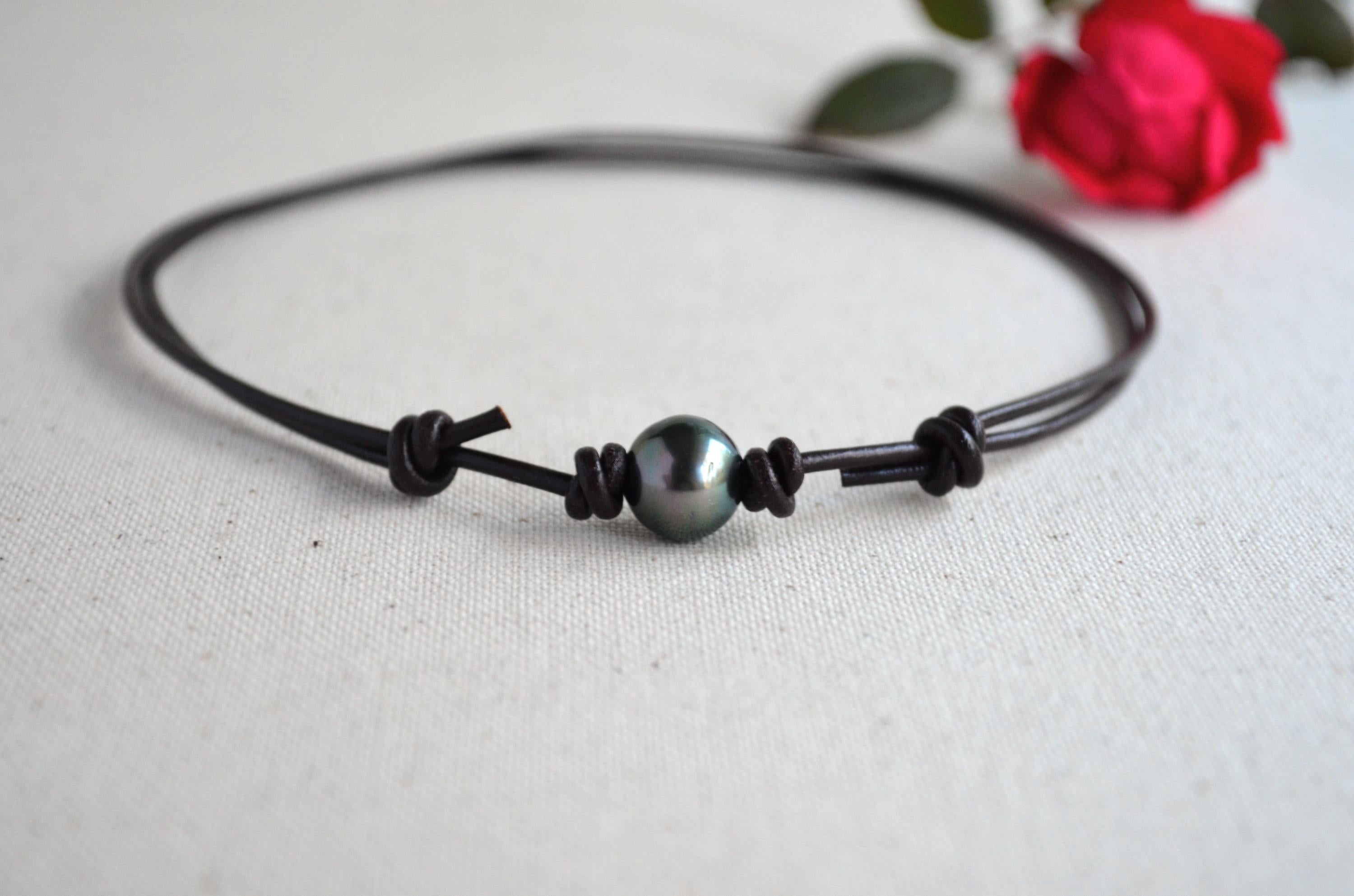 Tahitian Pearl Choker, Adjustable Brown Leather Necklace