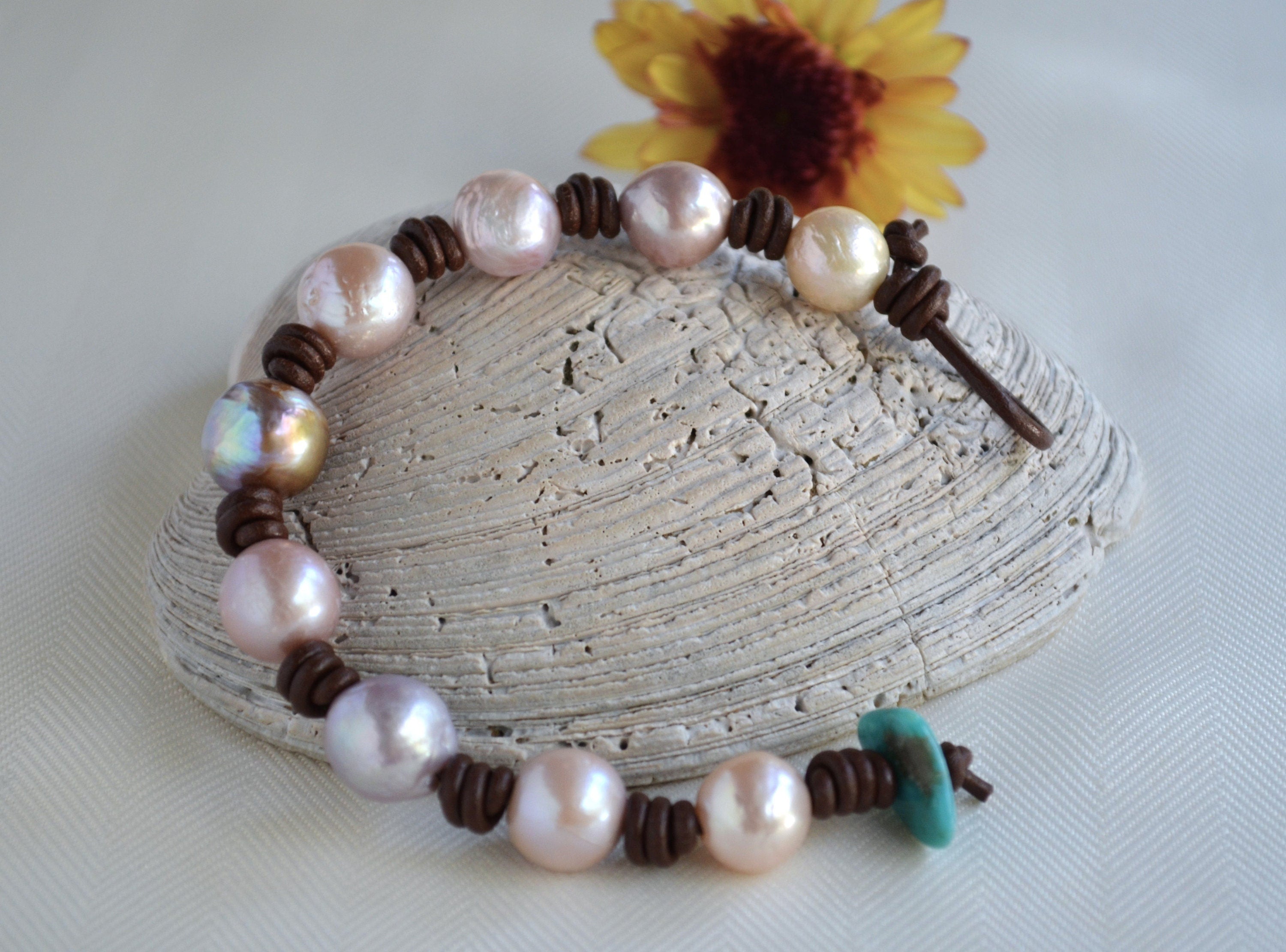 Edison Pearl Bracelet: Light Mauve Pink, Greek Leather