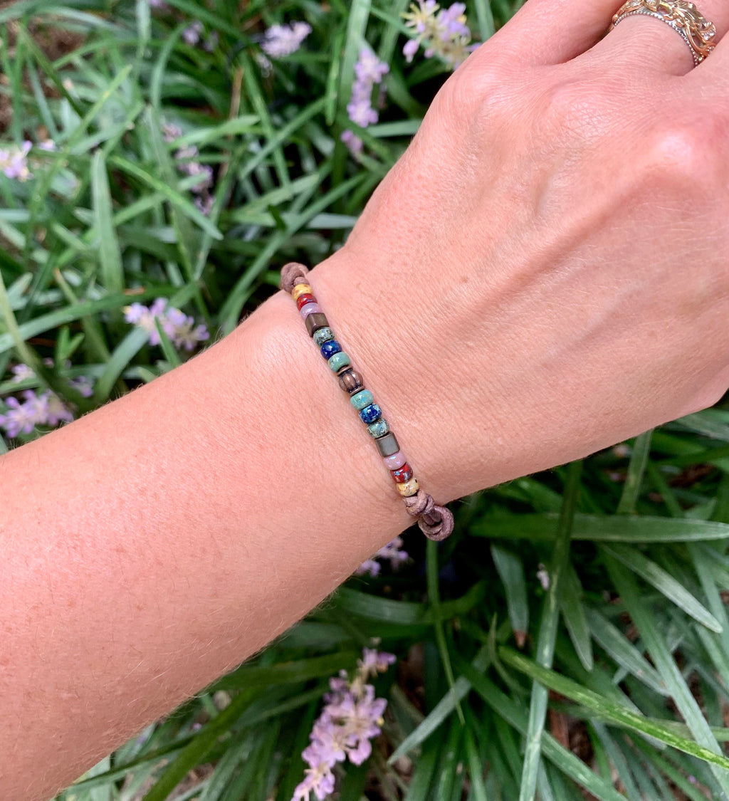 Unisex Picasso Czech Beaded Bracelet, Knotted Leather Bracelet for Him Her