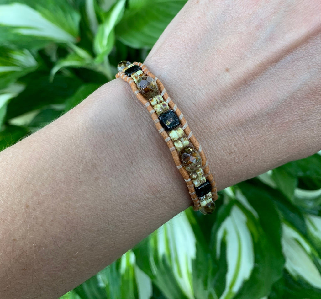 Beaded Leather Wrap Bracelet: Rustic Tree Button, Czech Beads