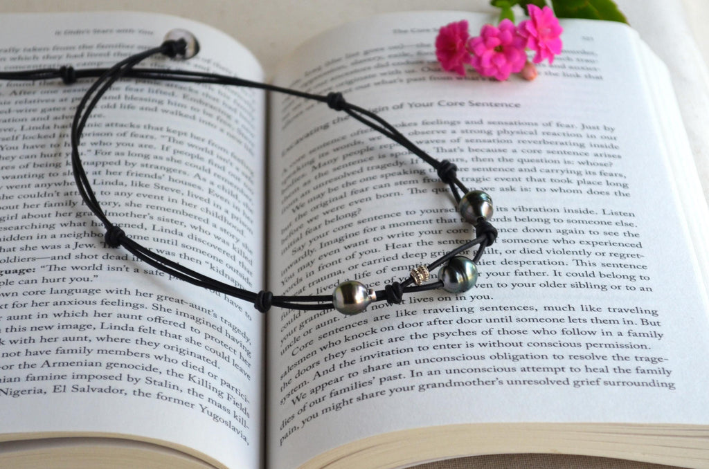 Tahitian Black Pearls on Leather Short Necklace, Sterling Silver Accent