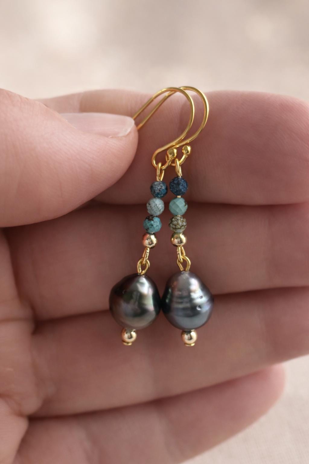 Tahitian Pearl Turquoise Dangle Earrings, Gold-Filled, Handmade Jewelry (1.5")
