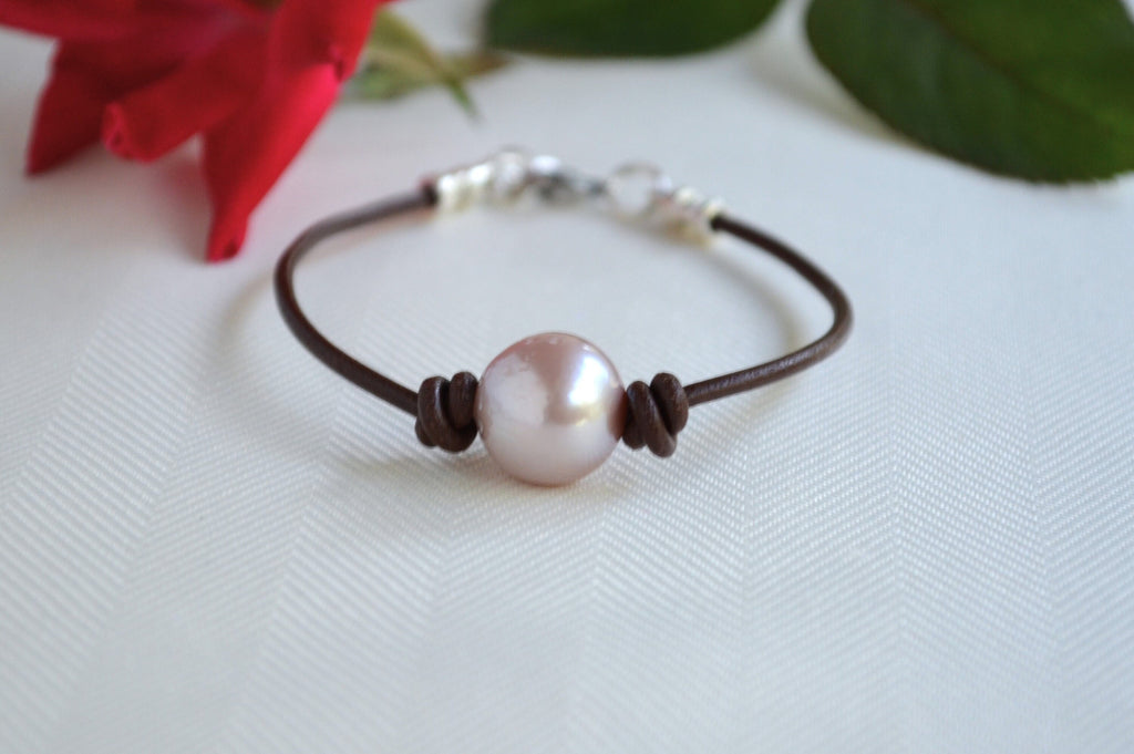 Mauve Edison Pearl Bracelet, Greek Leather, Silver Plated Clasp
