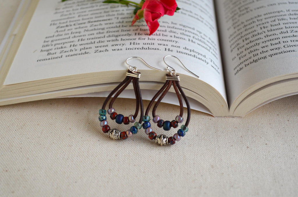 Multi-Color Picasso Bead Leather Dangle Earrings, Sterling Silver