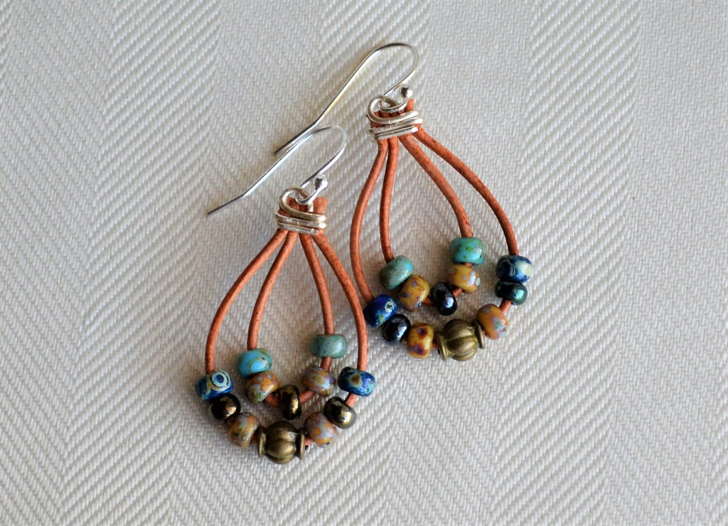 Picasso Leather Dangle Earrings: Boho Miyuki Bead Jewelry