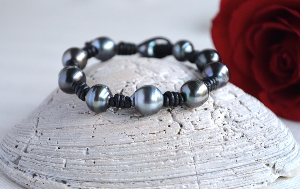 Tahitian Pearl Bracelet: Black Greek Leather, Boho Jewelry