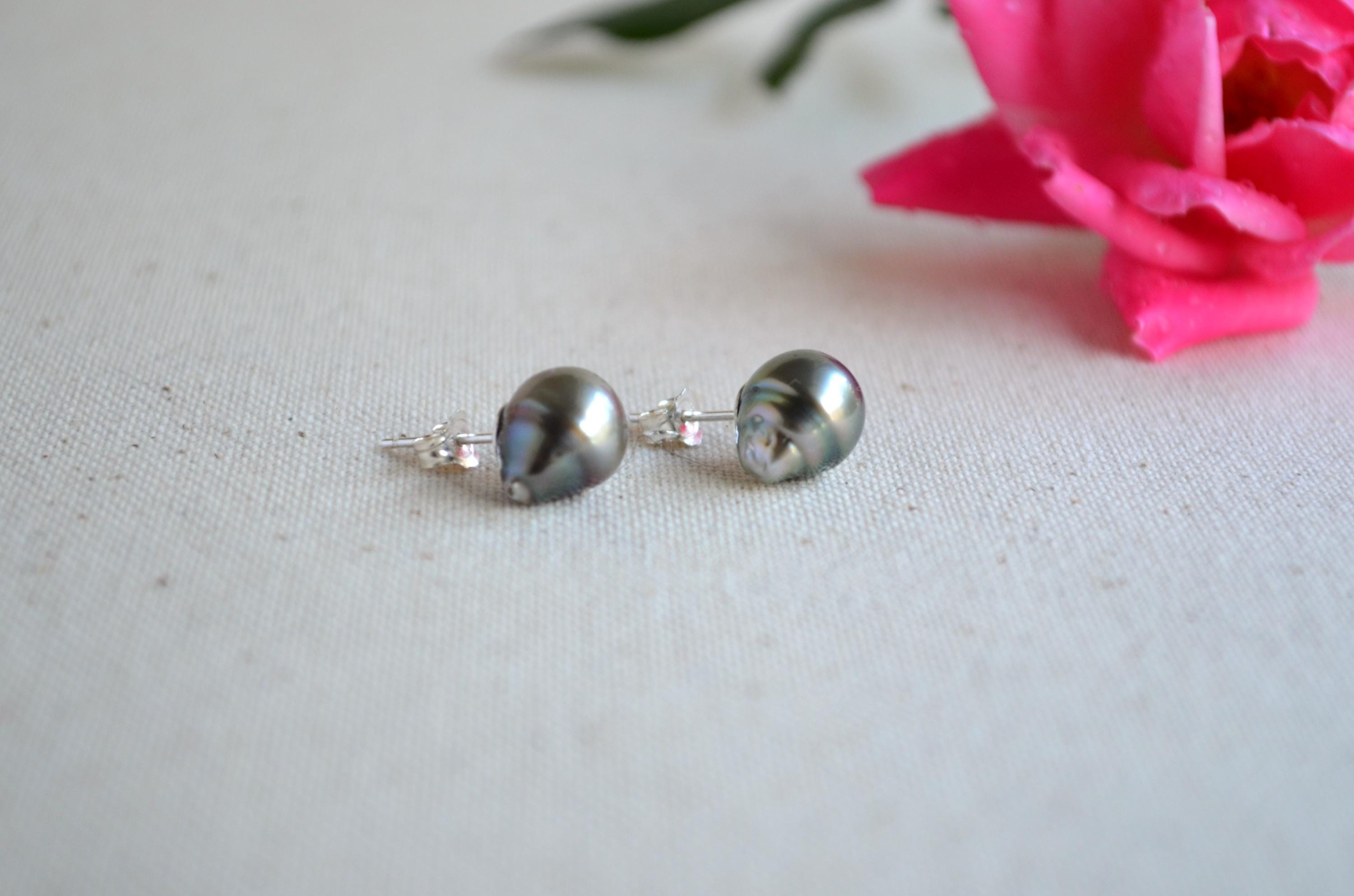 Tahitian Pearl Stud Earrings: Sterling Silver Baroque Pearls
