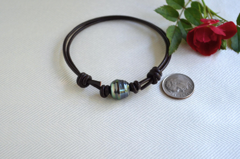 Tahitian Pearl Bracelet: Brown Greek Leather Adjustable Unisex Jewelry
