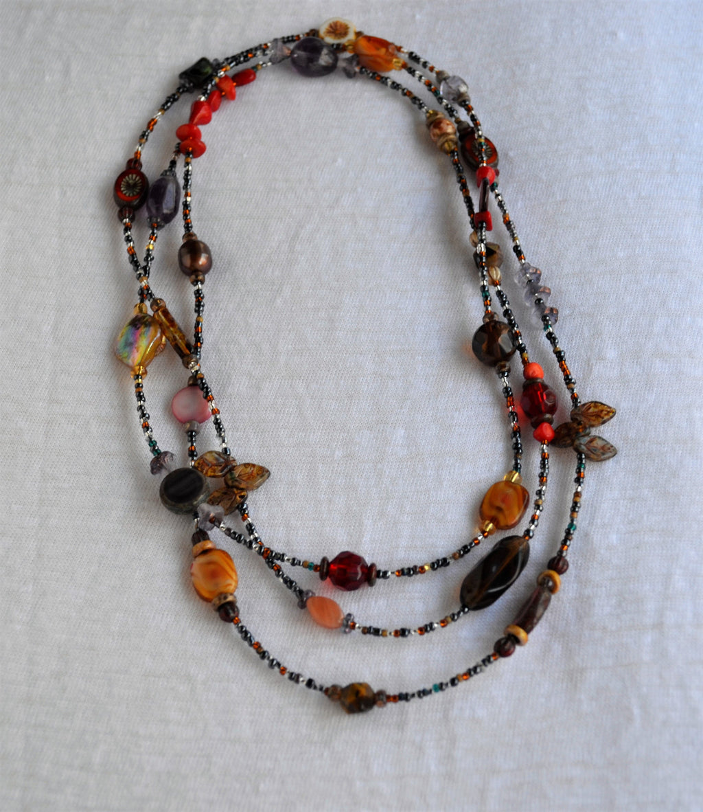 Boho Gemstone Lariat Necklace: Red Coral, Pearl & Abalone