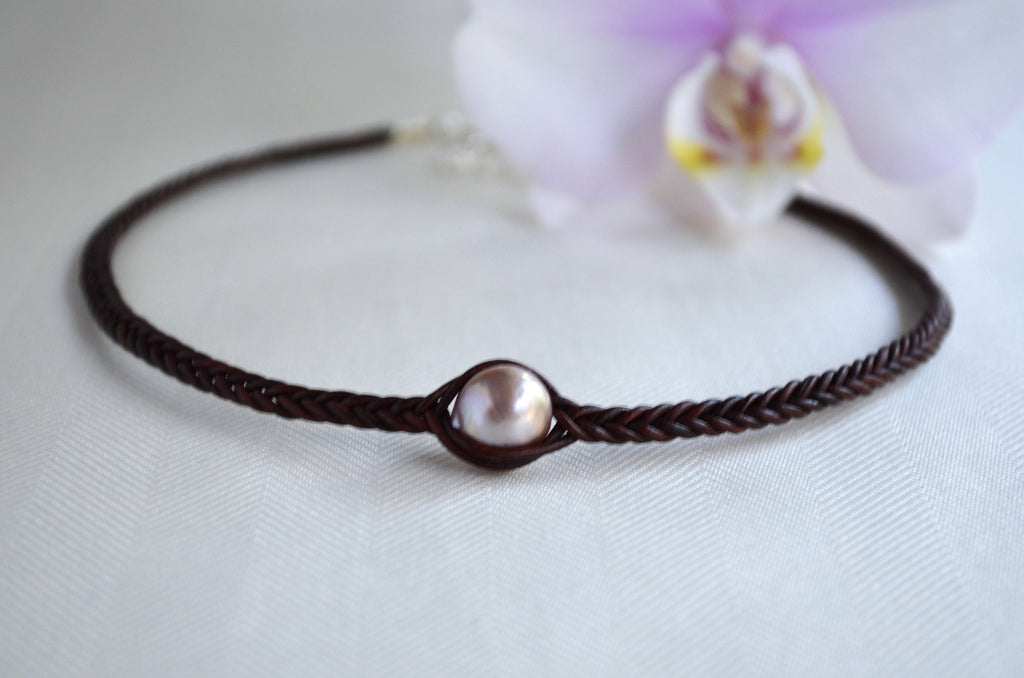 Edison Pearl Choker: Braided Leather Necklace, Light Mauve Pearl