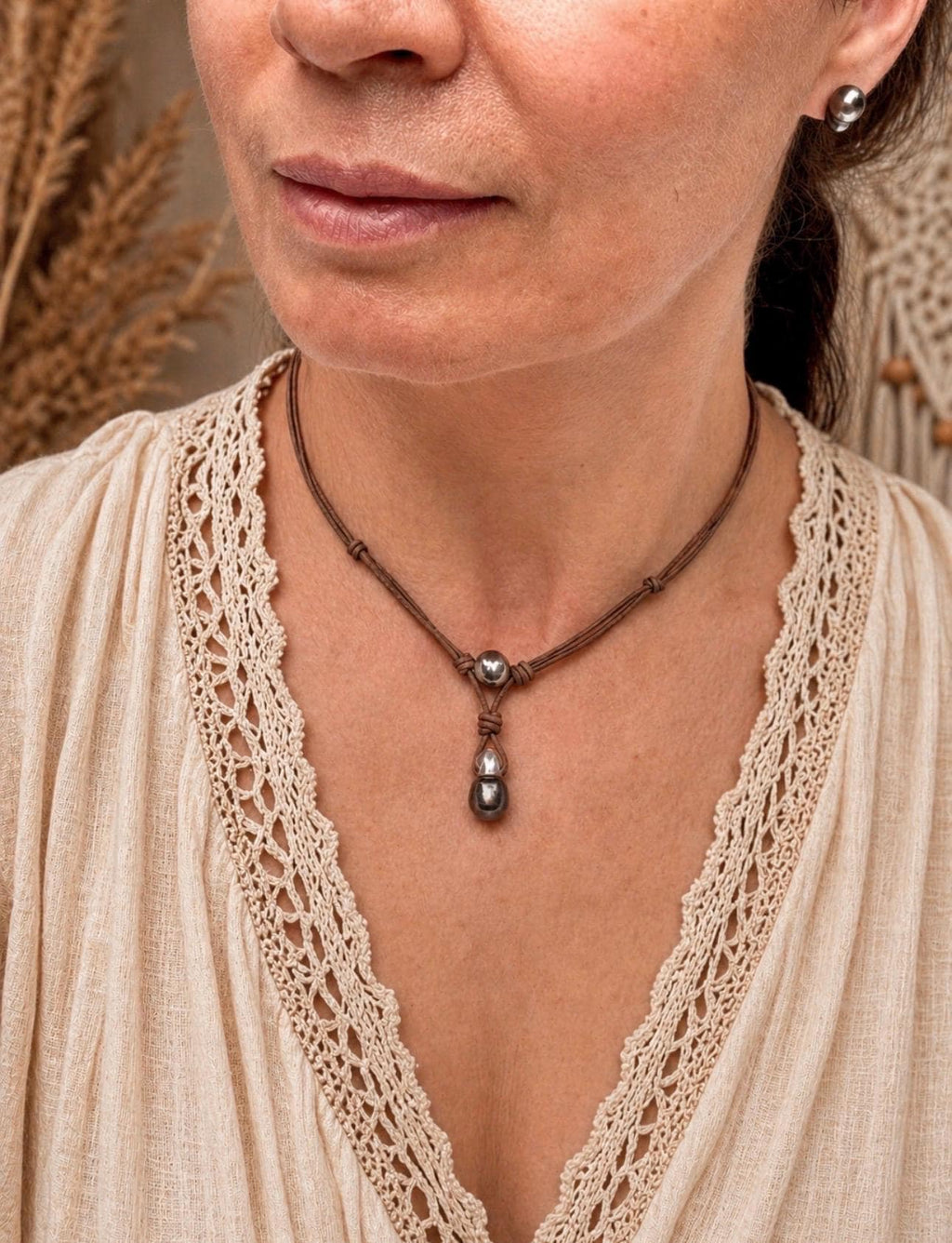 Tahitian Pearl Leather Necklace, Large Drop Pearl, Silver Black, Handmade Jewelry