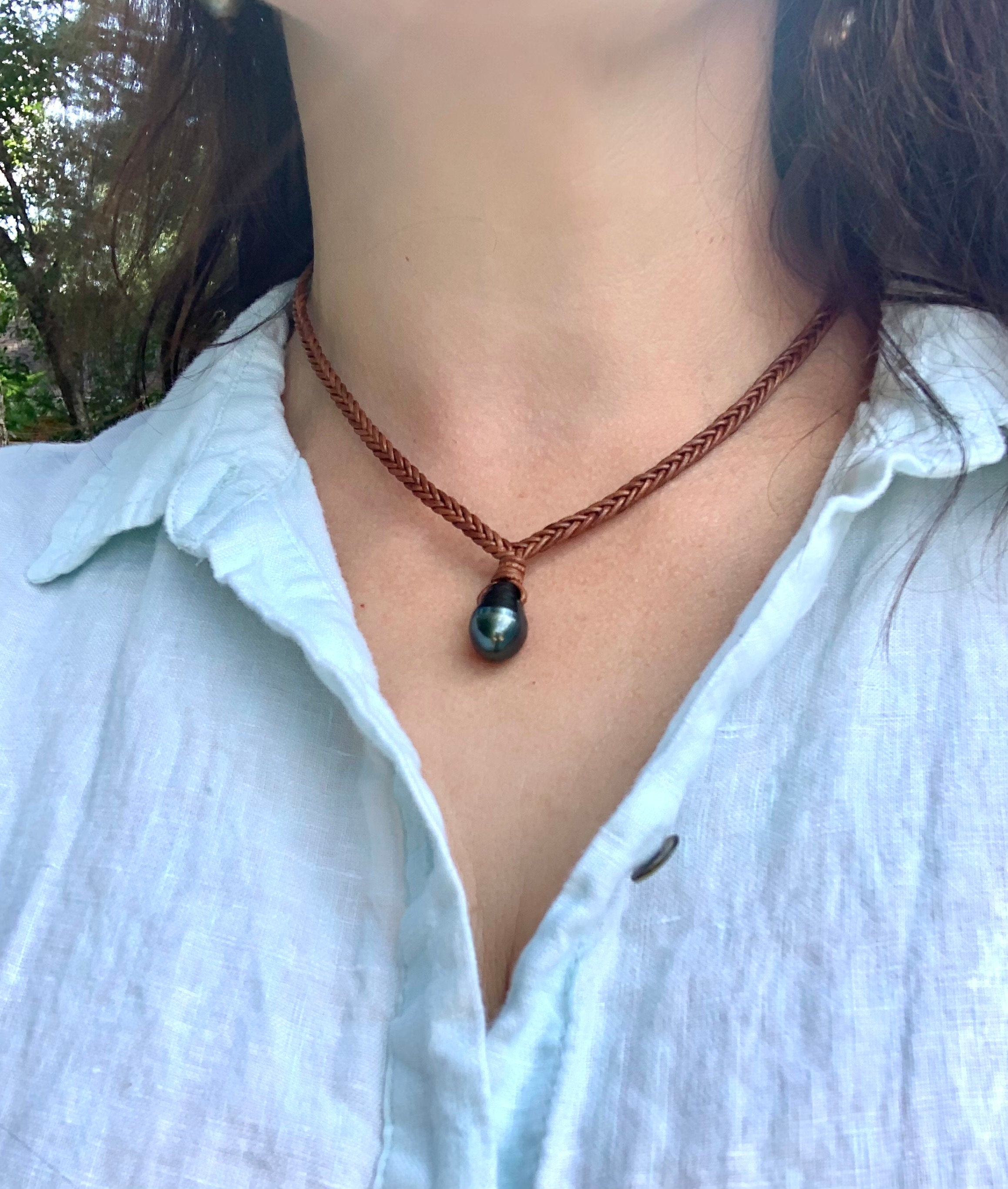 Tahitian Teardrop Pearl Leather Short Necklace for Women, Hand Braided Leather Necklace