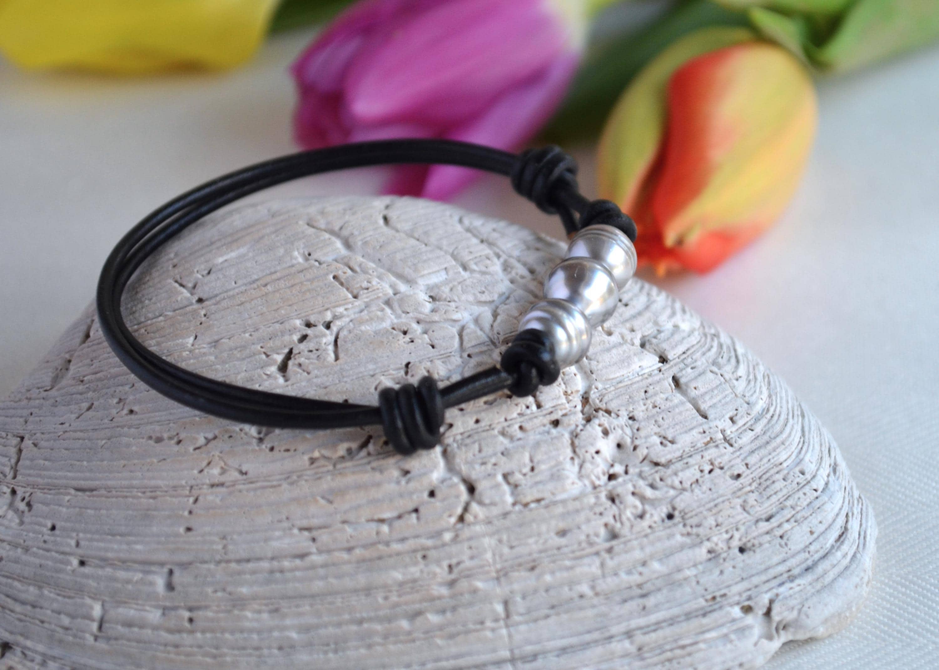 Tahitian Pearl Bracelet: Three Silver Pearls on Black Leather, Adjustable