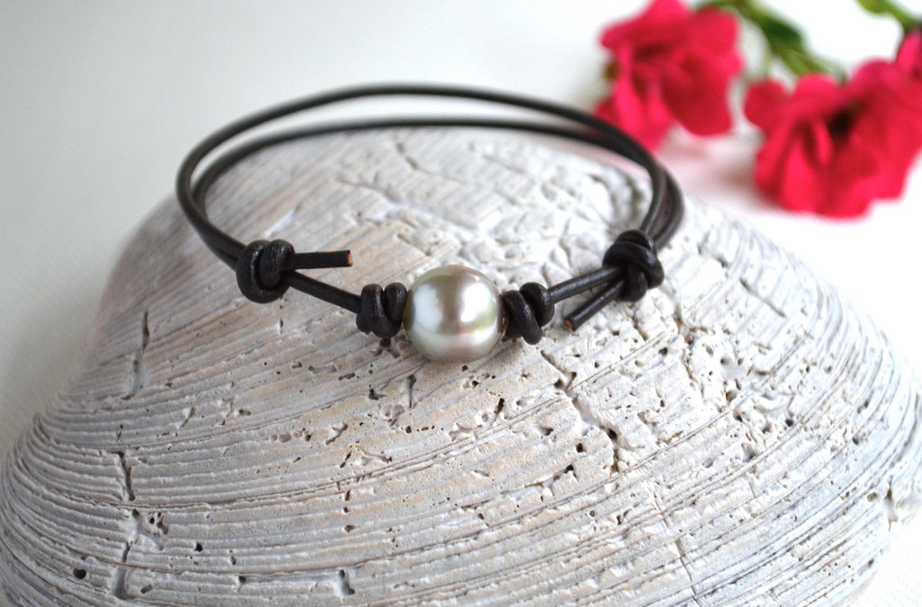 Tahitian Pearl Bracelet: Unisex Dark Brown Greek Leather, LARGE Pearl, Adjustable Jewelry