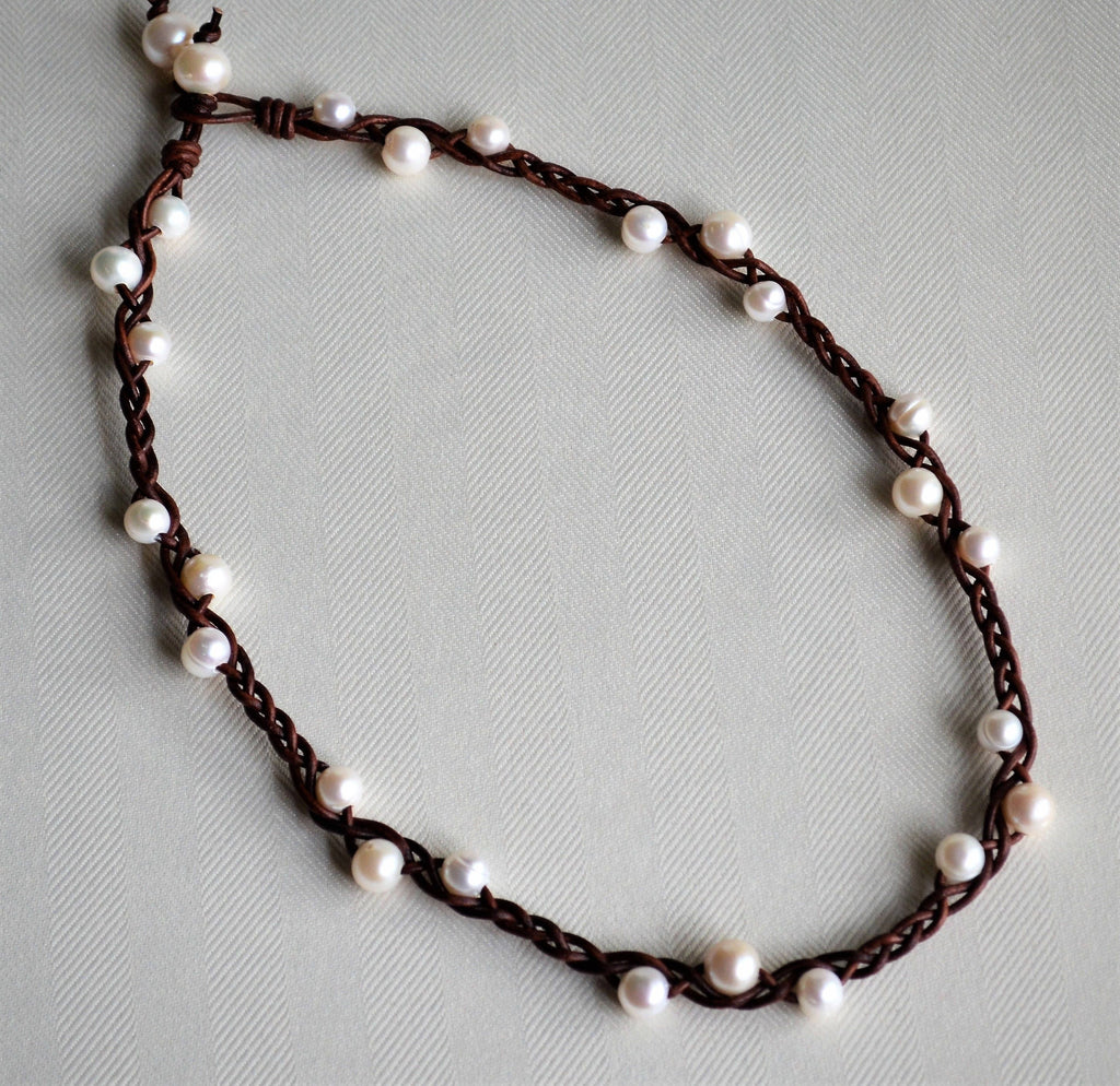 Braided Leather Necklace: White Freshwater Pearls, Boho Chic