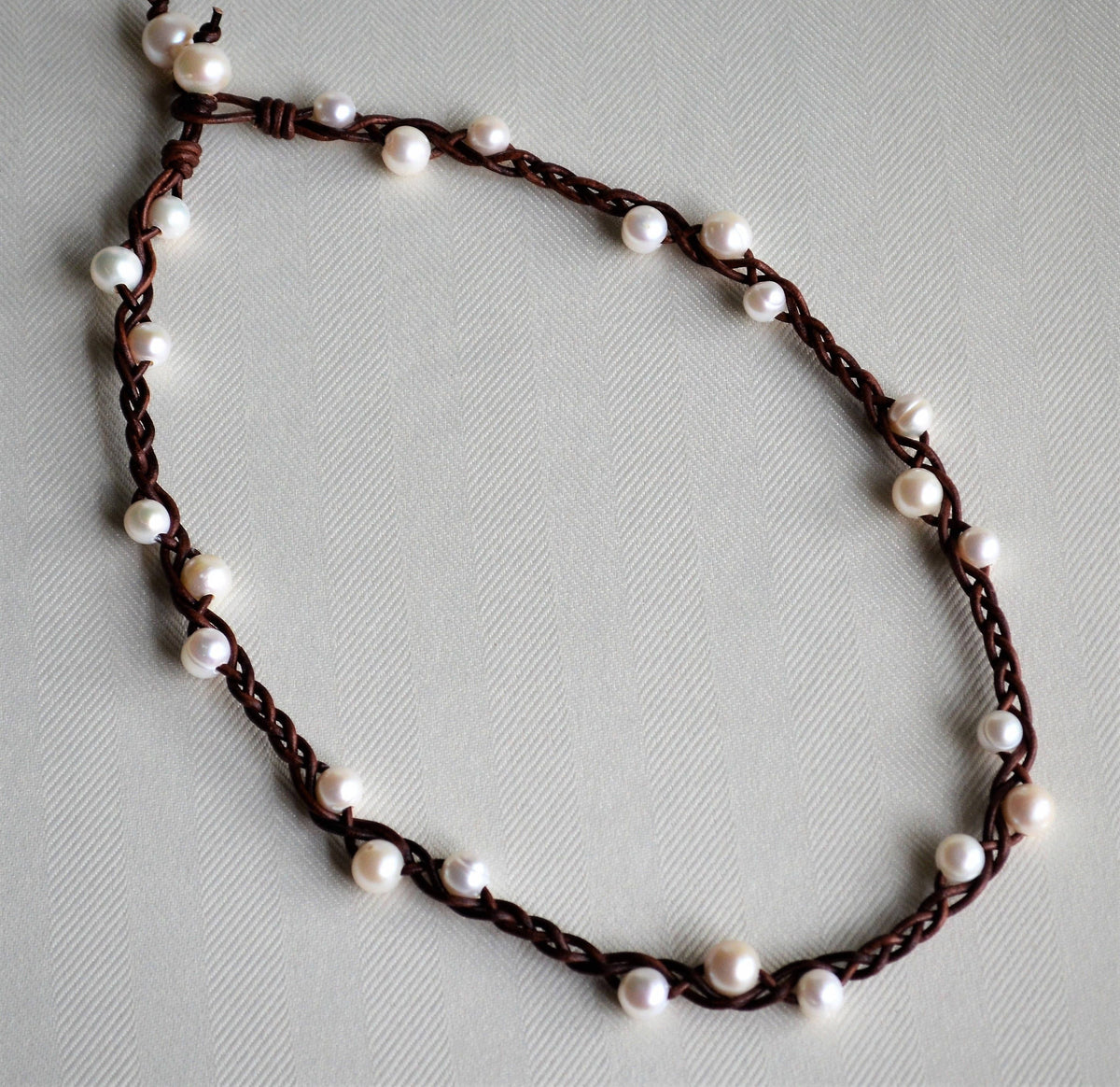 Braided Leather Necklace: White Freshwater Pearls, Boho Chic