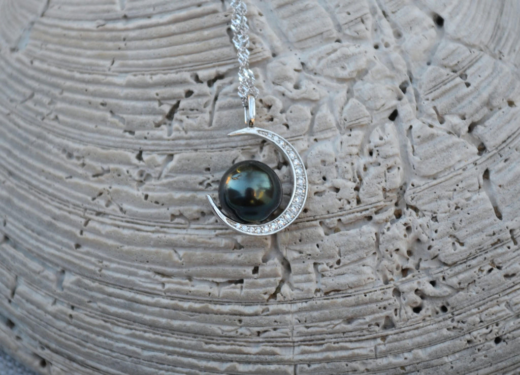 Tahitian Pearl Necklace: Sterling Silver Crescent Moon Pendant, CZ Accents