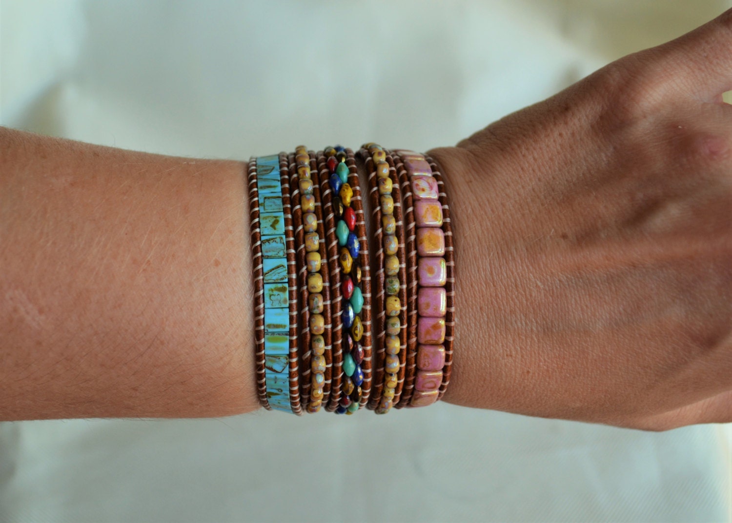 Hummingbird Leather Wrap Bracelet: Picasso Bead Boho Jewelry