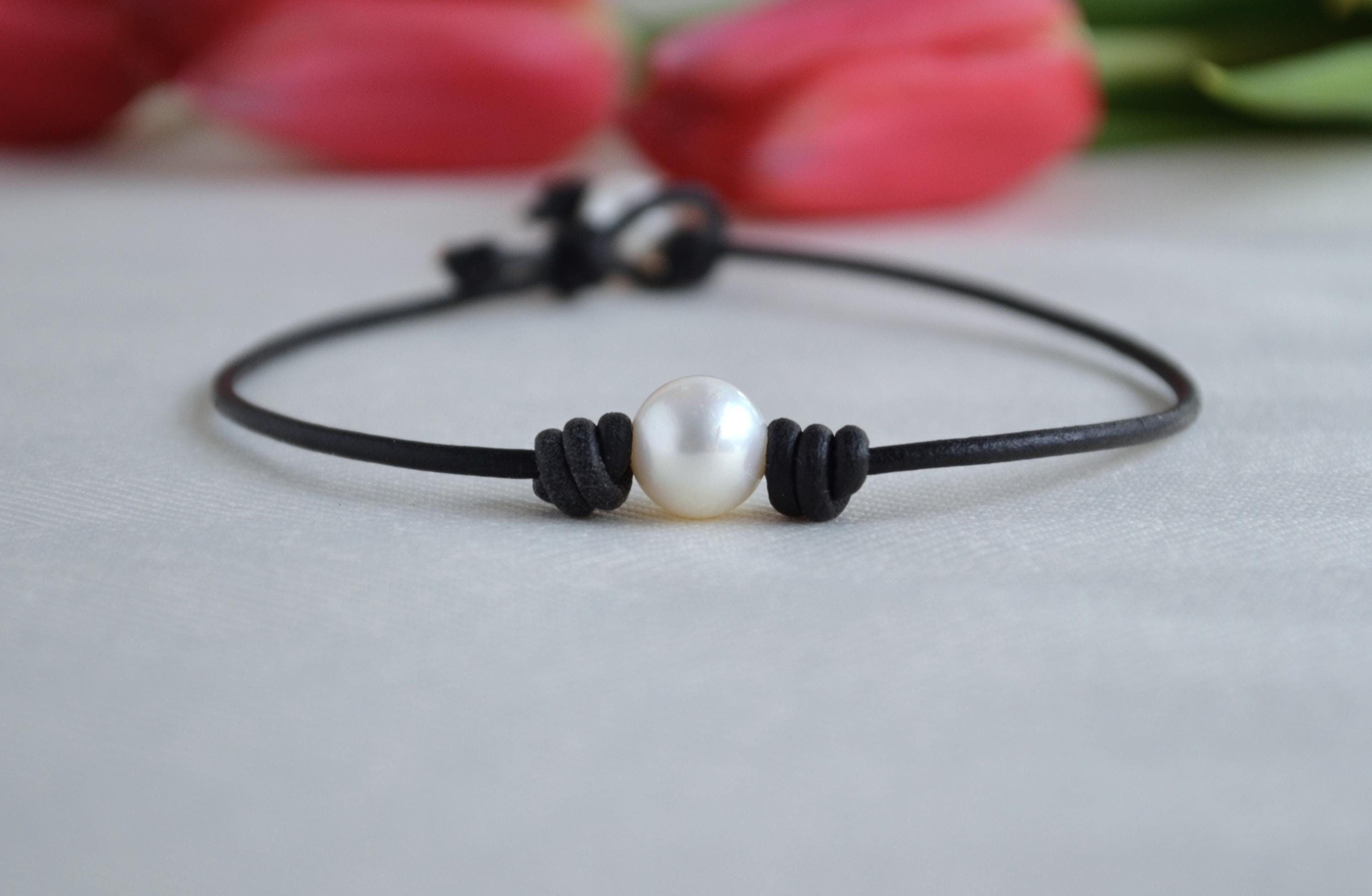 Freshwater Pearl Leather Anklet: Minimalist Boho Ankle Bracelet