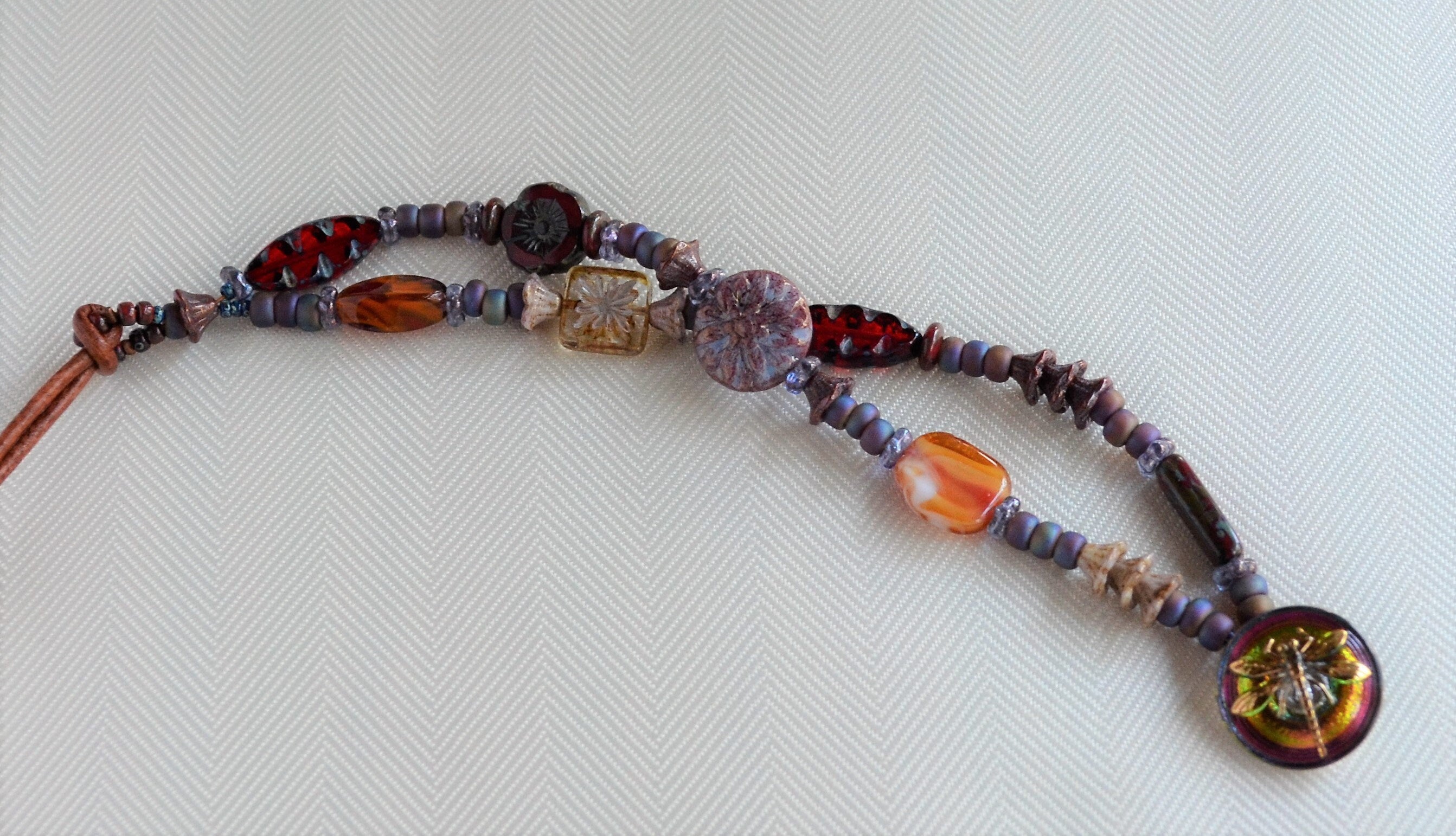 Boho Beaded Double Strand Bracelet: Czech Glass & Dragonfly Button