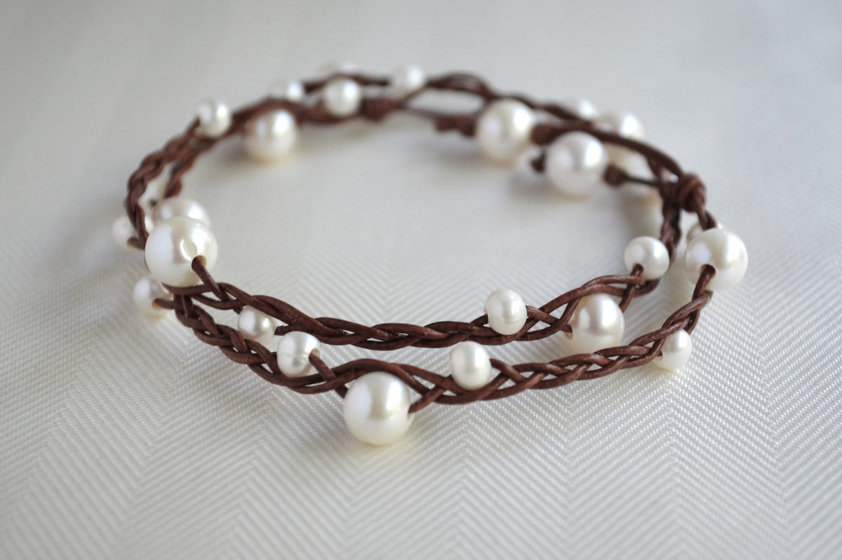 Braided Leather Necklace: White Freshwater Pearls, Boho Chic