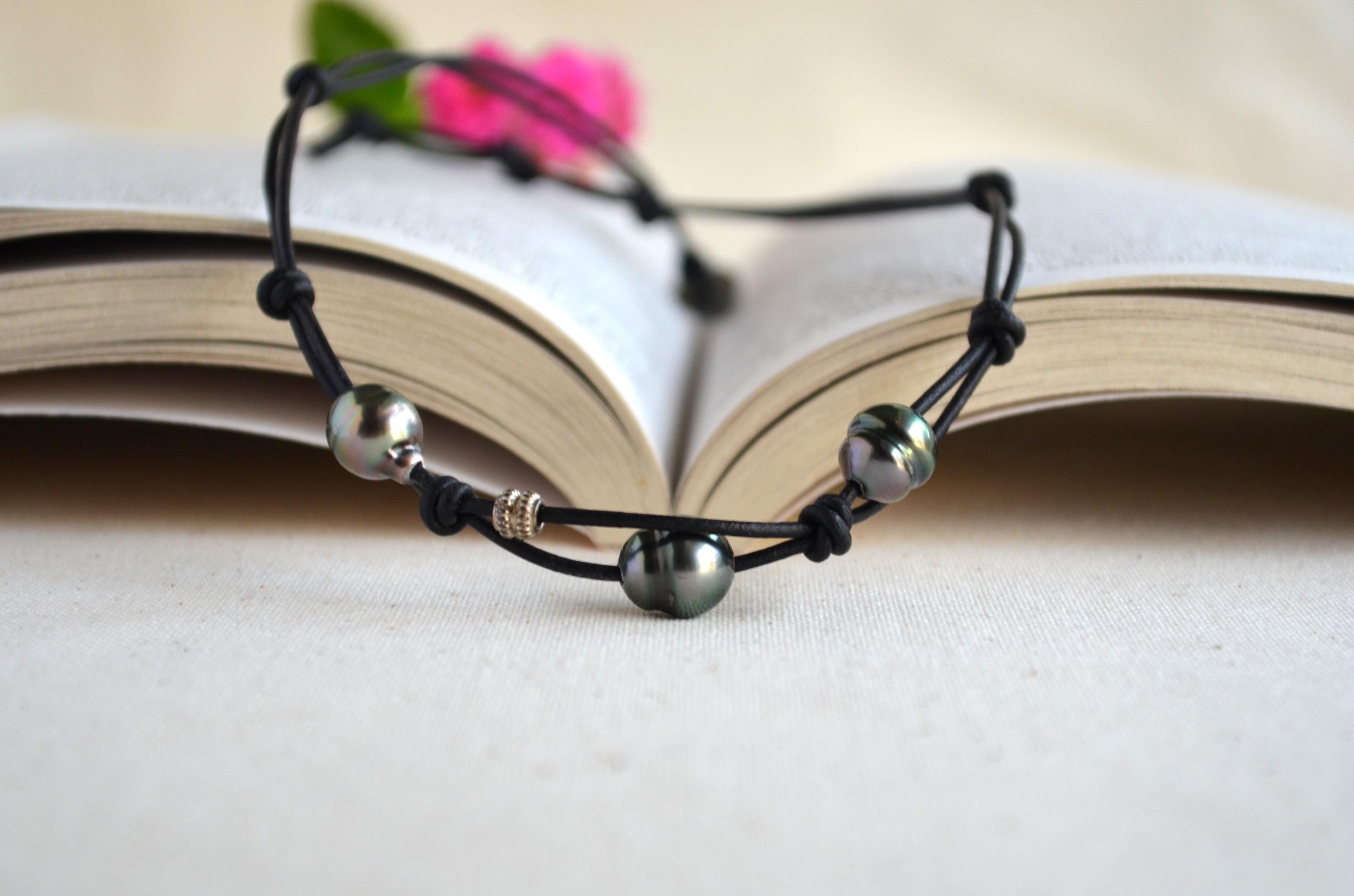 Tahitian Black Pearls on Leather Short Necklace, Sterling Silver Accent