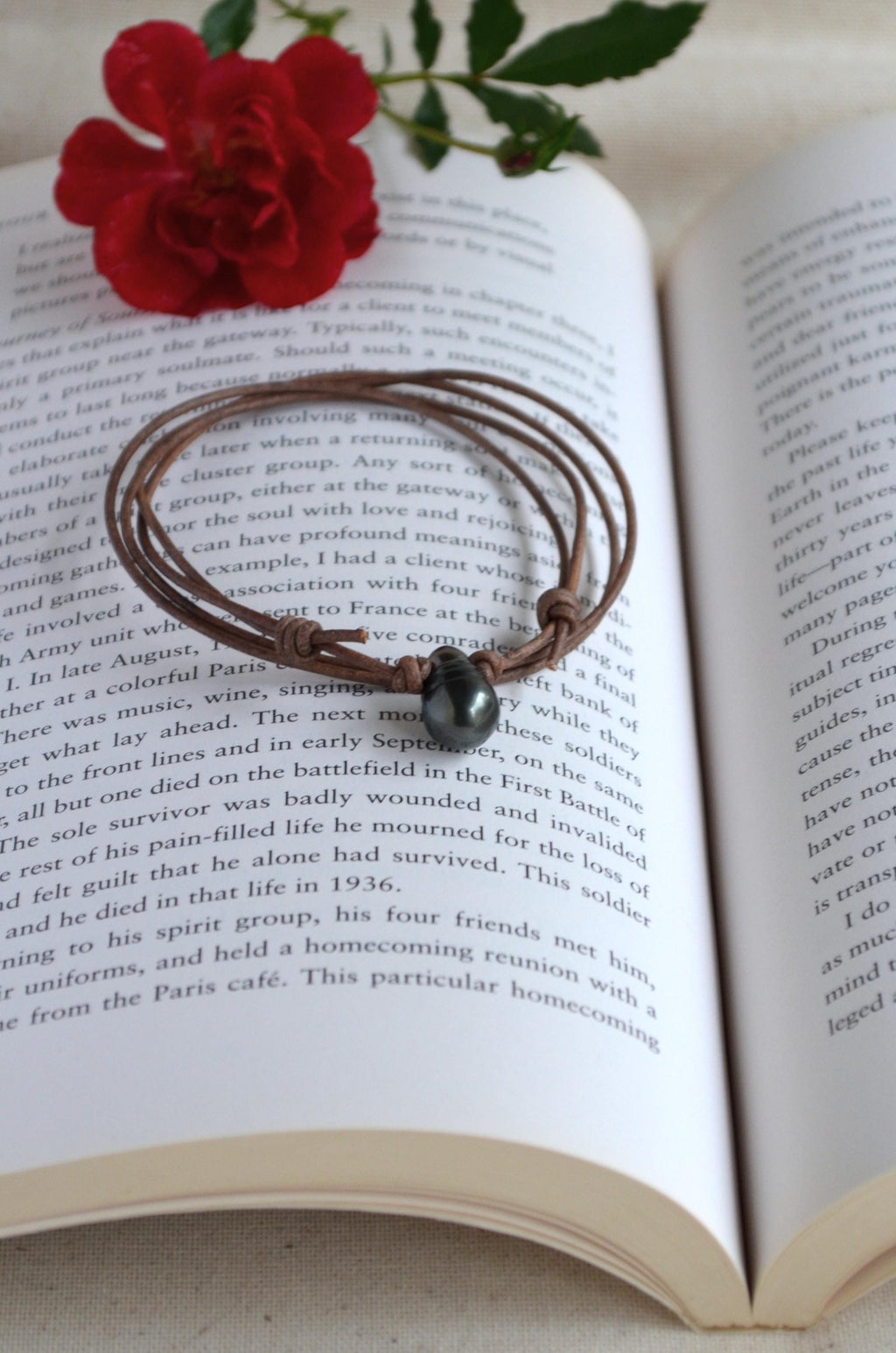Tahitian Drop Pearl Necklace: Brown Grey Leather Adjustable Necklace