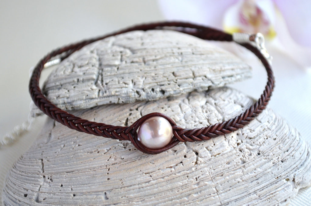 Edison Pearl Choker: Braided Leather Necklace, Light Mauve Pearl